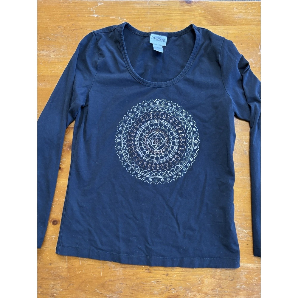 Chico's Embellished Front 3/4 Sleeve Black T Shirt Womens Size 0 Small Stretch